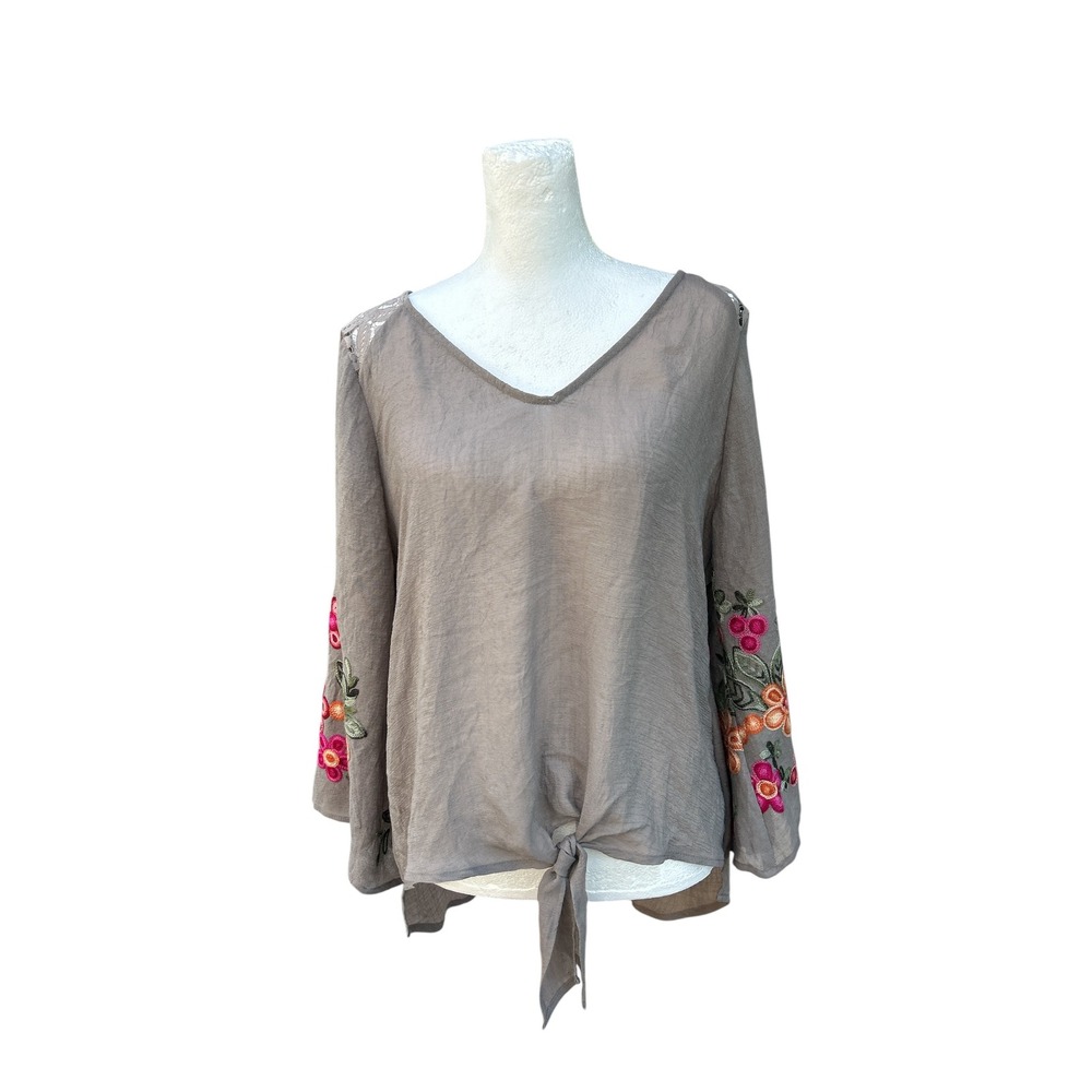 Fig‎ and Flower Embroidered Tie-Front Blouse Lace Detail Bohemian Top M